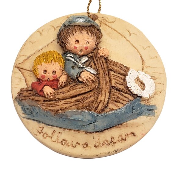 Vintage La Berge 1985 Christmas Ornament Follow a Dream 3D Boat Ship Boy Resin - Picture 2 of 4